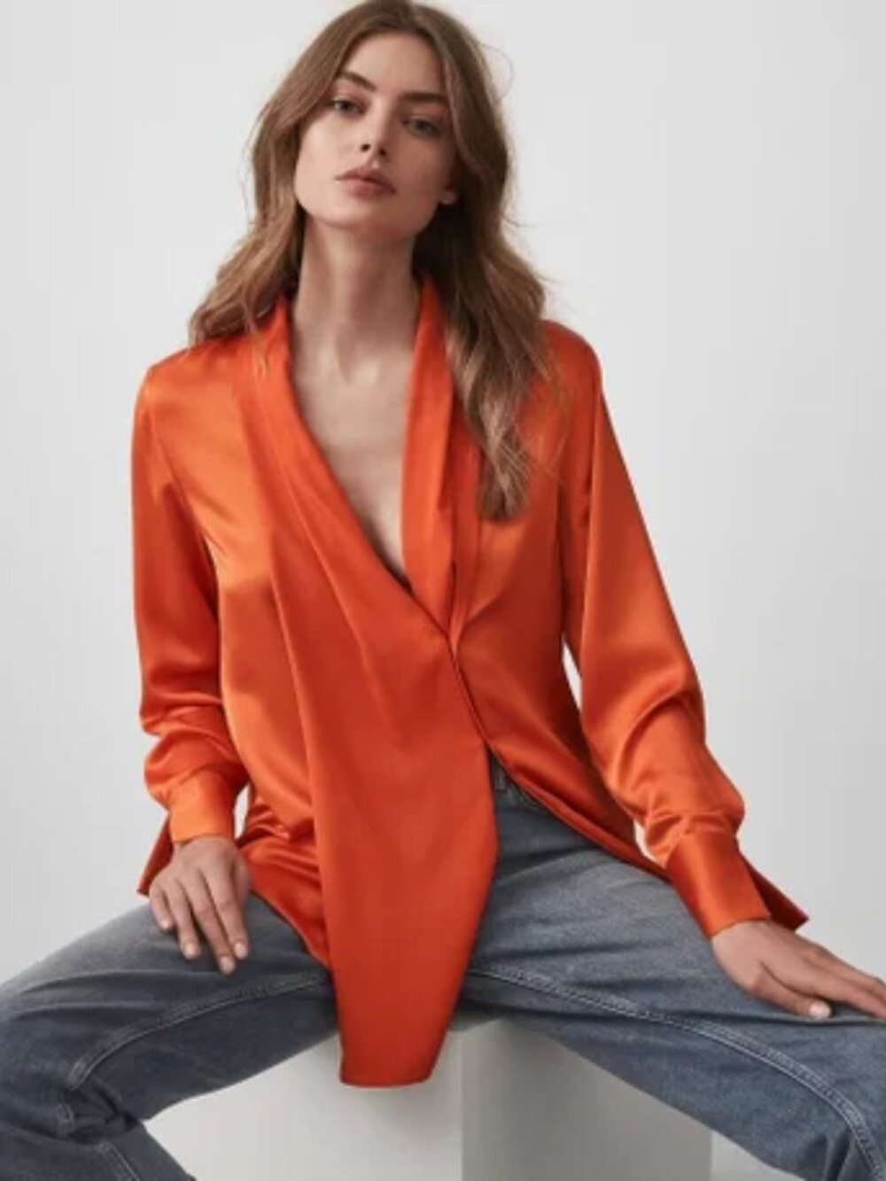 REISS Elvira Drape-Front Satin Blouse Red-Orange US 2 / UK 6 NWOT